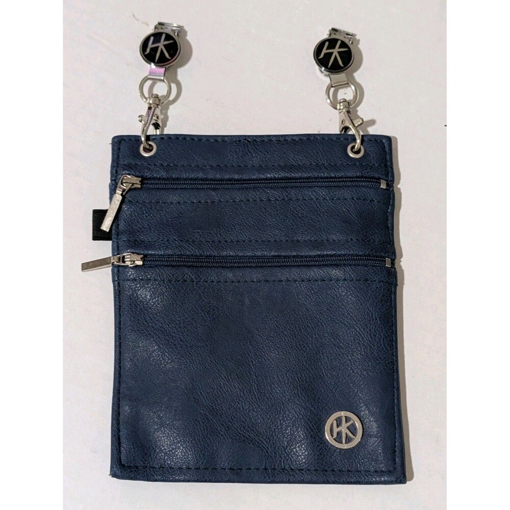 Hip Klips Pocket Pouch Clip On Travel Wallet Navy Blue Faux Leather Double Zip